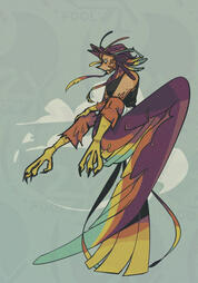 A humanoid with vibrantly colored feathers for hair. They have a feathered tail and have bird feet for every limb except what would be their right arm--which is a feathered wing.