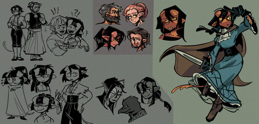 A tiefling sorcerer with red skin, filed-down horns, a tail, yellow eyes, and straight black hair tied in a braid. They wear a blue dress with lace, a bodice, a cloak, and brown boots. A few doodles feature their family or adventuring party.