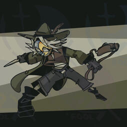 A fully masked figure readies for a fight. They have short white hair. They sport a messenger's bag and letter opener. The right half of their smiling mask resembles the sun while the left resembles the moon. They wear a green coat and feathered cap.