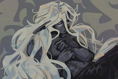 A drow sleeping peacefully. They have long, fluffy white hair. Their dark grey skin is covered in scars.