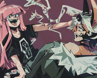 Sid and Ester look towards the camera. On the left: Ester with her tongue out. Body horror: Bones and muscle protrude from her. She has pink hair. On the right: Sid smiles over his shoulder. He has black and white hair, bat ears, a bat nose, and big fangs.