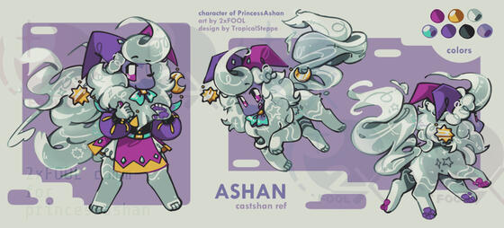 A character reference sheet of a fluffy purple and grey cloud-dog character wearing purple and pink jester-like clothing and accessories.